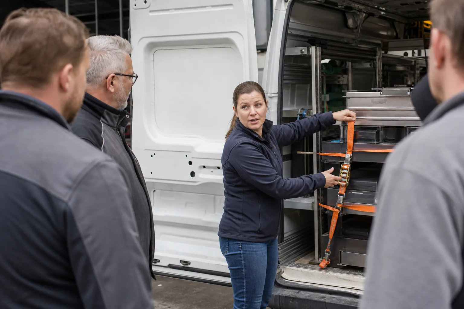 Fuhrparkverantwortliche unterweist Fahrer zur Ladungssicherung an einem Lieferwagen.