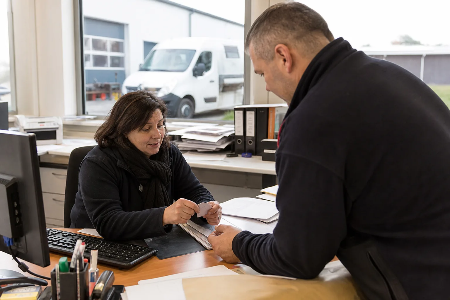 Bürokraft vergleicht einen Kartenführerschein mit einer Fahrerübersicht neben einem Firmenfahrzeug.