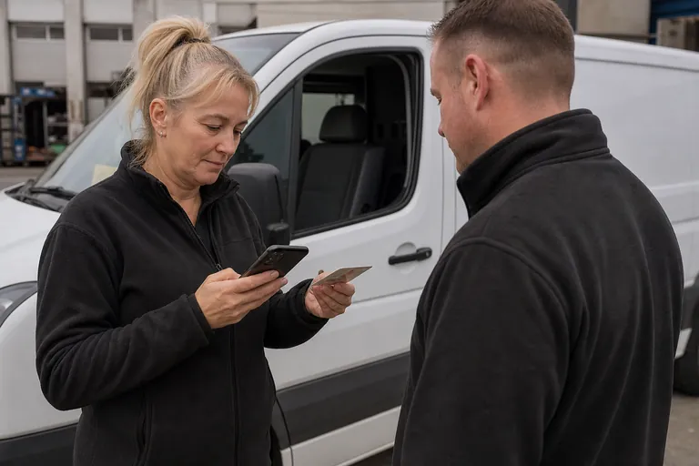 Fuhrparkverantwortliche hält ein Smartphone neben einen Führerschein vor einem Servicefahrzeug.