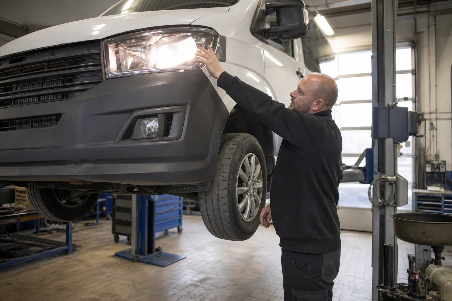 Sachkundige Person prüft die Beleuchtung eines Transporters auf einer Hebebühne.