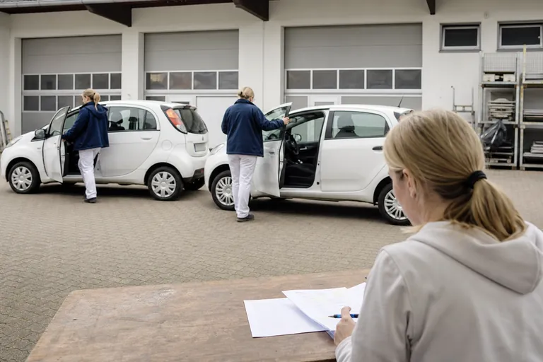 Pflegekräfte an Dienstwagen und eine Bürokraft mit Fahrzeugliste auf dem Betriebshof.