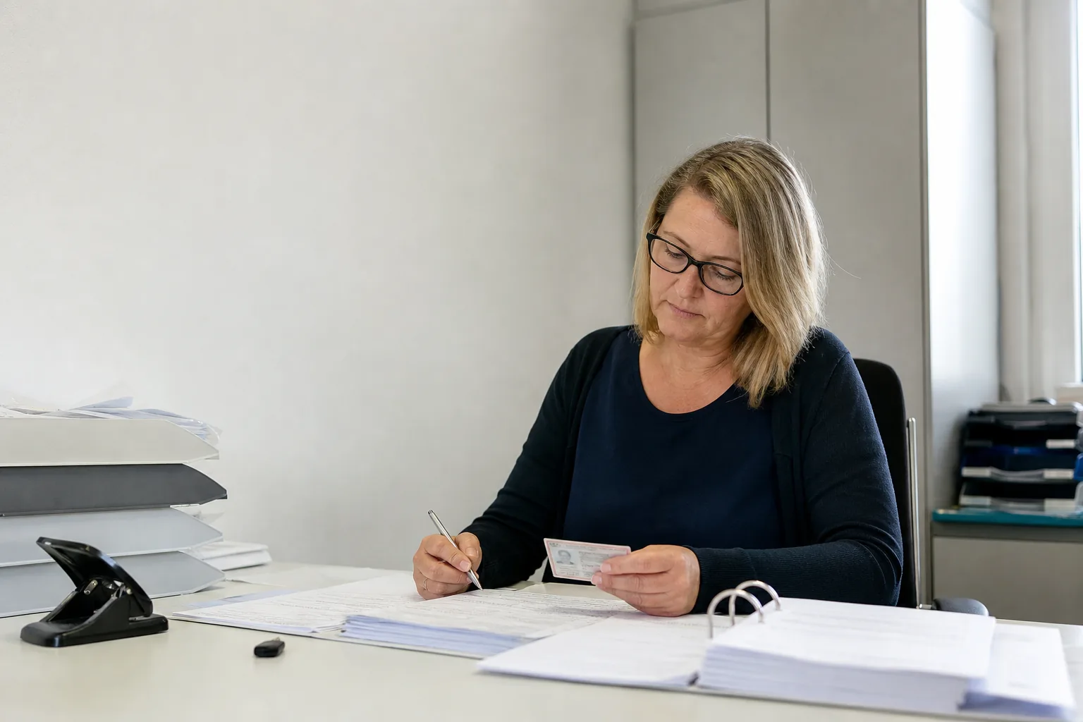 Bürokraft prüft Führerscheine und Fahrzeugliste am Schreibtisch